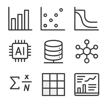 Medical Data Icons. Outline icon set of medical data analysis and visualization: bar graph, scatter plot, survival curve, AI