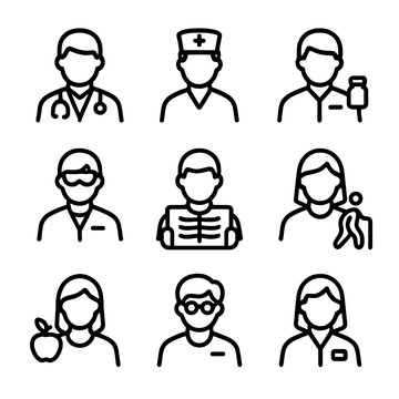 Medical Team Icons. Outline icon set of multidisciplinary medical team: doctor, nurse, pharmacist, lab technician, radiologist,