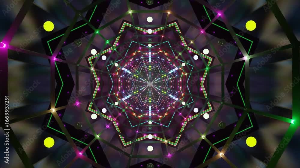 Poster a mesmerizing visual loop features a kaleidoscopic tunnel filled with shifting colorful lights. this