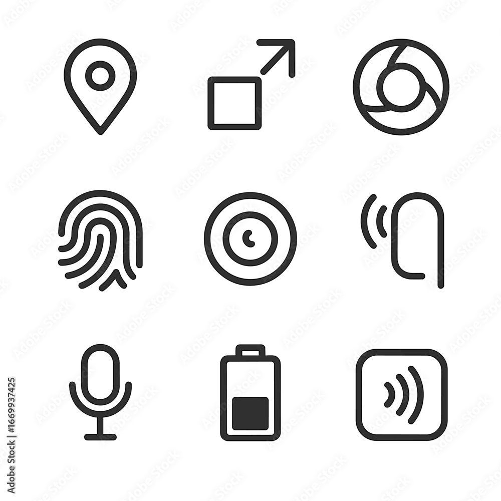 Poster mobile sensor icons. outline icon set of mobile sensors and hardware: gps location, accelerometer, g