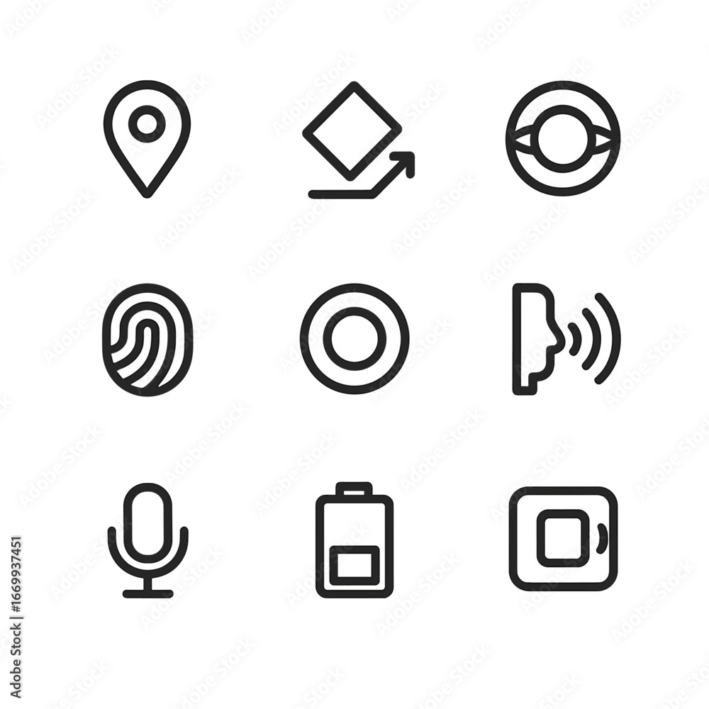 Poster mobile sensor icons. outline icon set of mobile sensors and hardware: gps location, accelerometer, g