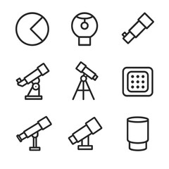 Modern Telescope Icons. Outline icon set of modern optical telescopes: primary mirror, secondary mirror, eyepiece, equatorial