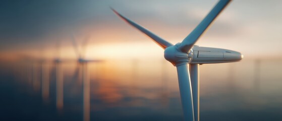 The Wind Turbine Standing Over Calm Offshore Waters at Sunset with Soft Focus