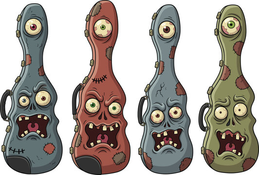 Zombie guitar case vector set, grotesque cartoon faces with stitches, bulging eyes, scary mouths, horror theme, monster design, isolated illustration