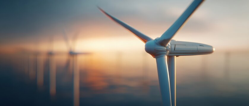 The Wind Turbine Standing Over Calm Offshore Waters at Sunset with Soft Focus - Powered by Adobe