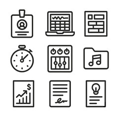 Music Production Icons. Outline icon set of music producer roles and tools: executive producer badge, beat-maker laptop,