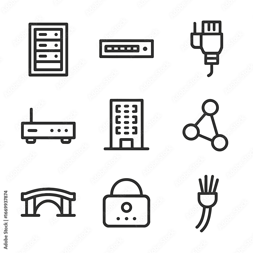 Poster networking icon set. outline icon set of infrastructure networking: server rack, network switch, dat
