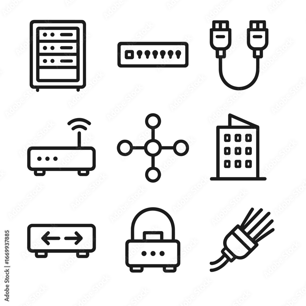 Poster networking icon set. outline icon set of infrastructure networking: server rack, network switch, dat