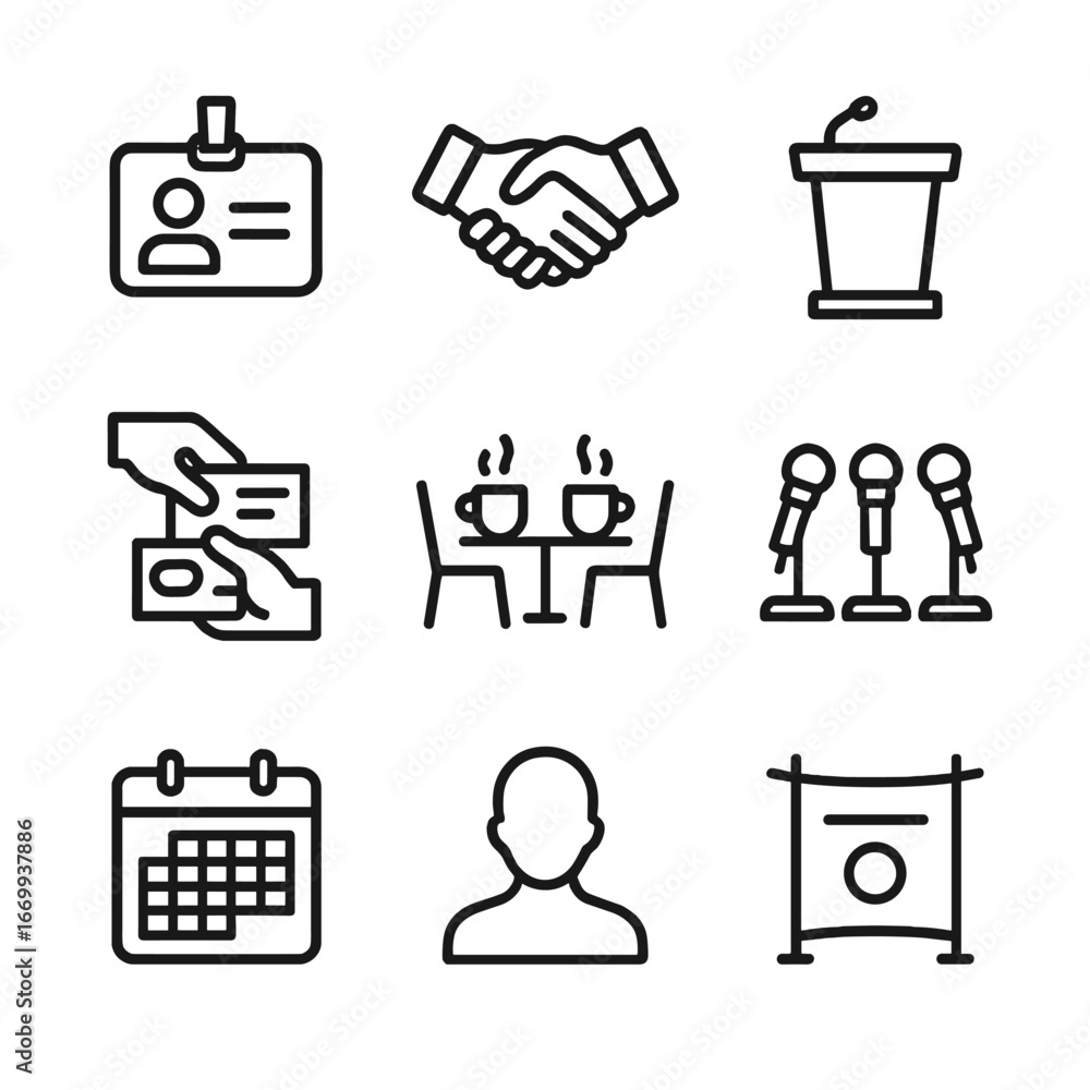 Poster networking icons set. outline icon set of professional networking events: nametag badge, networking 