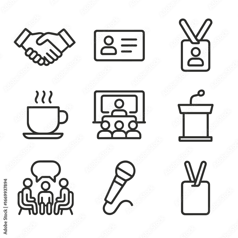 Poster networking event icons. outline icon set of professional networking events: handshake, business card