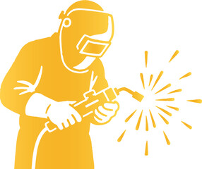 Golden silhouette of worker welding with sparks, black vector, white background