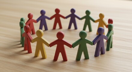 Vibrant wooden figures join hands in a colorful circle representing global unity and teamwork