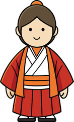 Fototapeta premium Cartoon character wearing a traditional Japanese outfit, featuring a kimono and obi, with a cheerful expression.