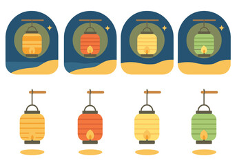Paper Lanterns at Night. Flat vector mini-illustrations Paper lanterns over shore in colors children's illustrations: paper