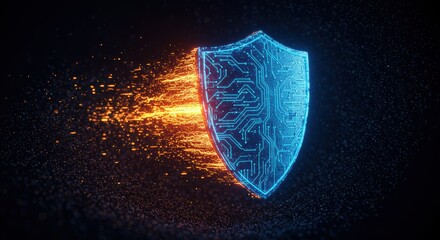 Glowing technology shield protects data with cutting edge digital security and firewall for strong cyber protection