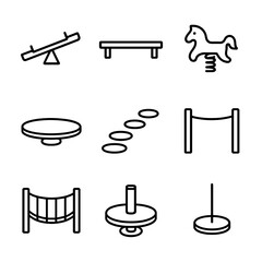 Playground Equipment Icons. Outline icon set of playground balancing equipment: seesaw seat, balance beam, spring rider, wobble