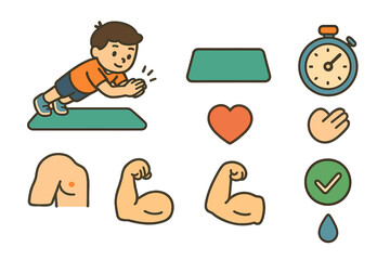 Plyometric and Shoulder Exercises. Flat vector mini-illustrations Plyometric clap push-up in colors children's illustrations: