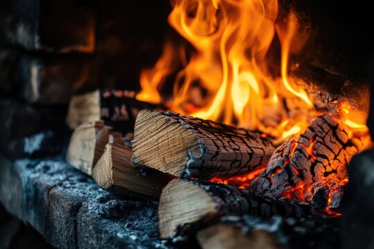 Close-up of burning wood in a fireplace (1) - Powered by Adobe