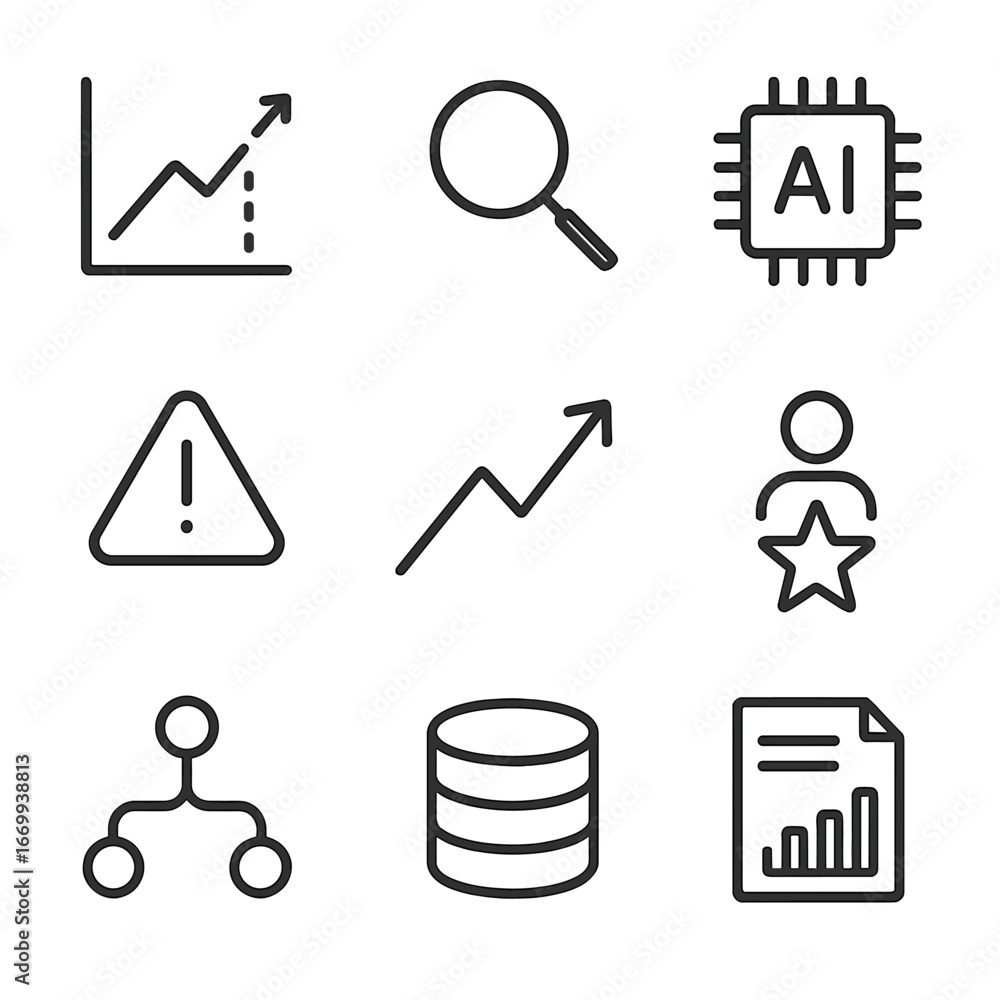 Poster predictive analytics icons. outline icon set of predictive support analytics: line chart forecast, m