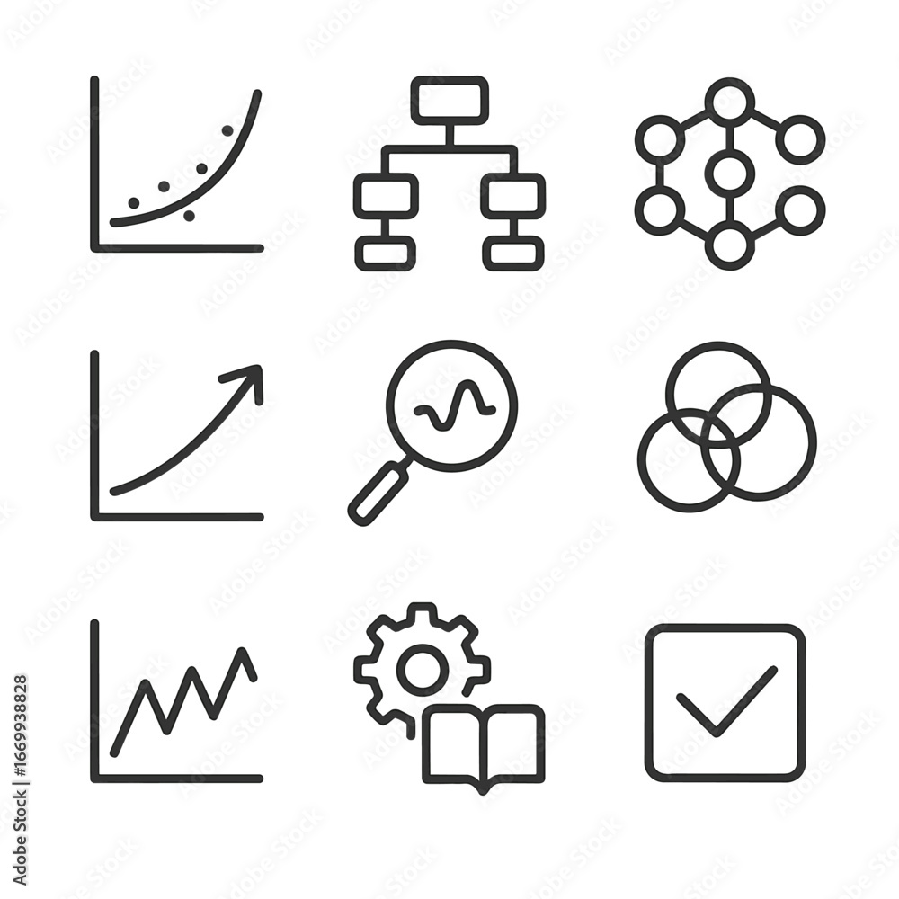 Poster predictive analytics icons. outline icon set of predictive analytics features: regression curve, dec