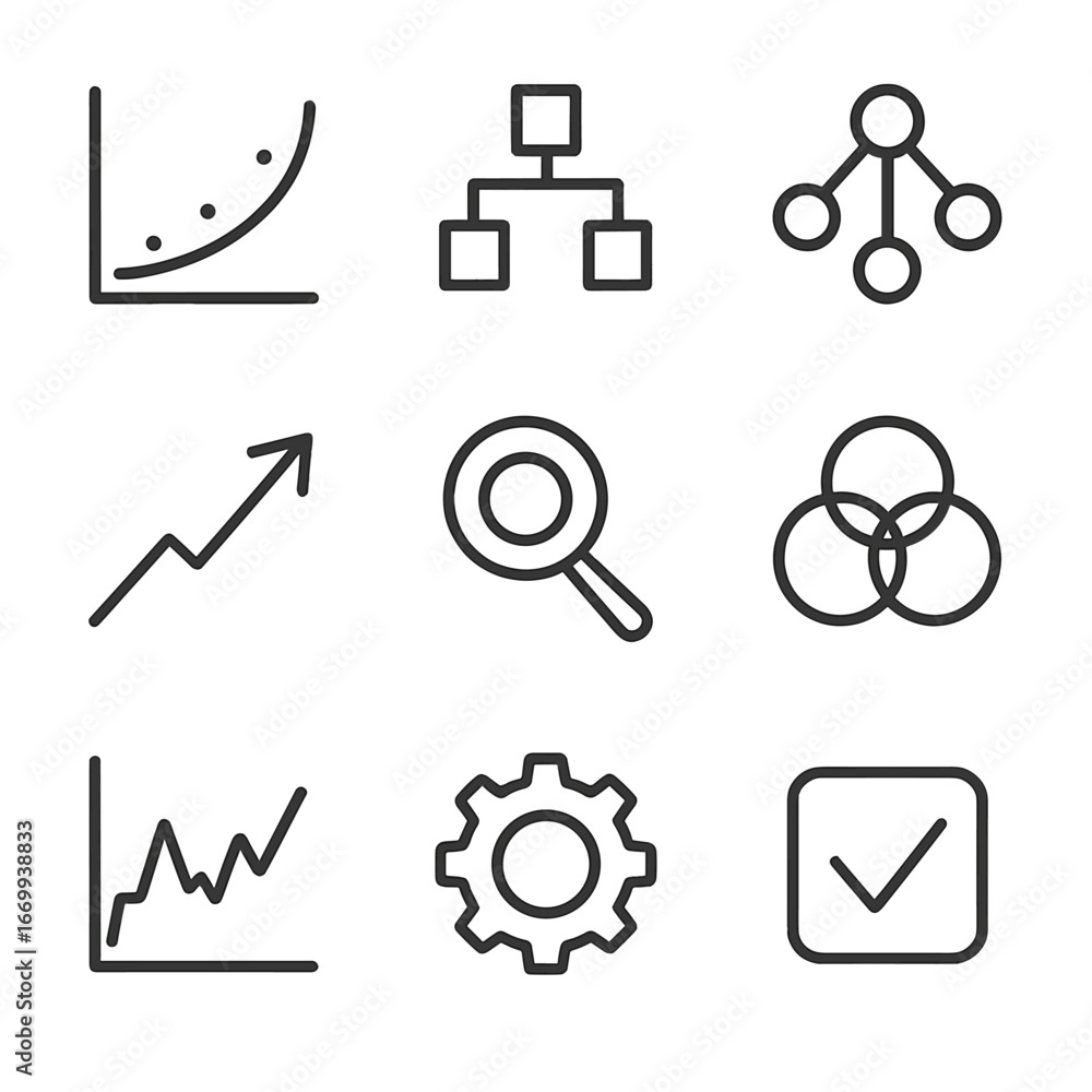 Poster predictive analytics icons. outline icon set of predictive analytics features: regression curve, dec