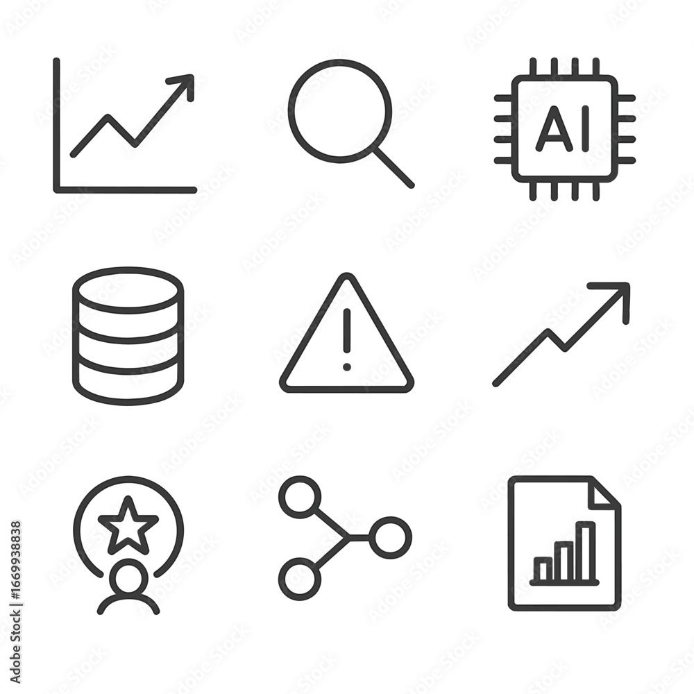 Poster predictive analytics icons. outline icon set of predictive support analytics: line chart forecast, m