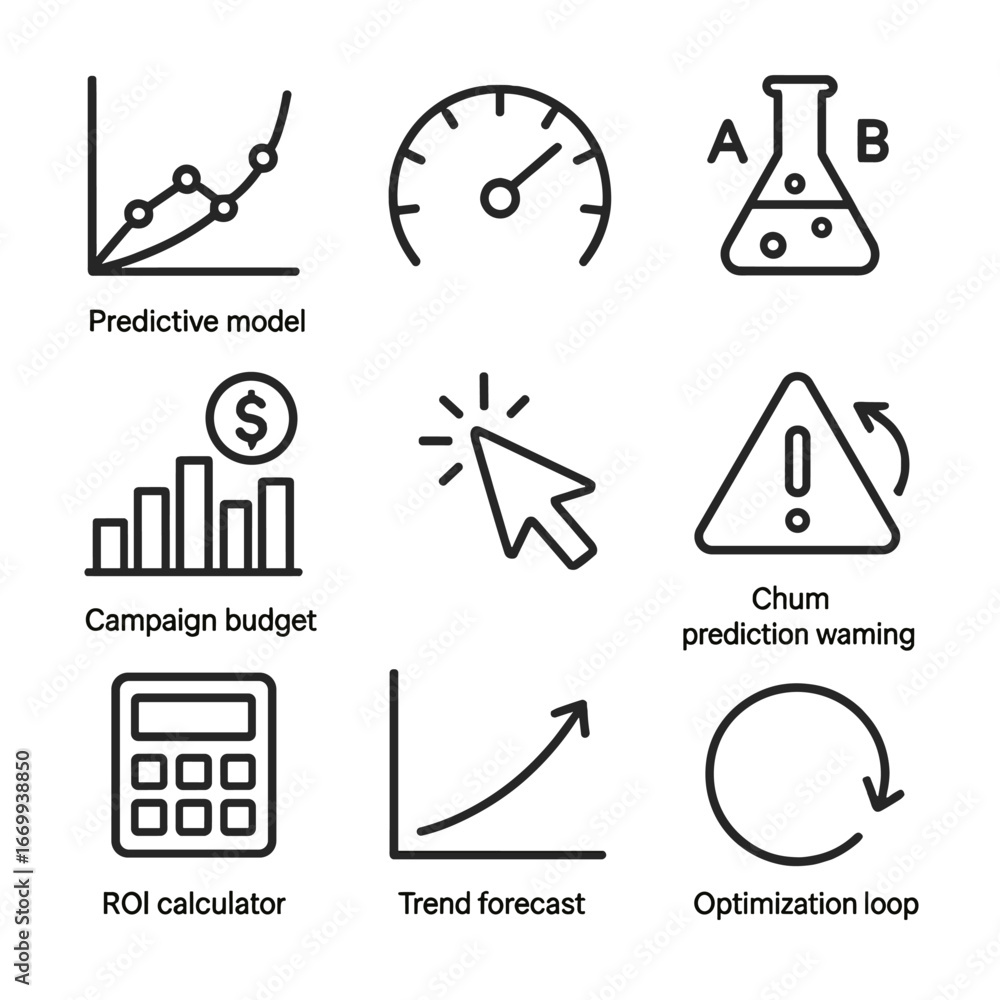Poster predictive analytics icons. outline icon set of predictive analytics for campaign optimization: pred