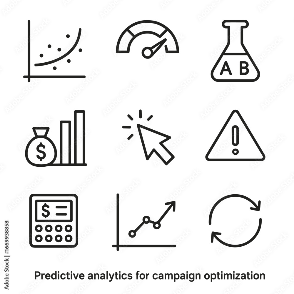 Poster predictive analytics icons. outline icon set of predictive analytics for campaign optimization: pred