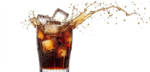 Soda glass with splashing ice cubes