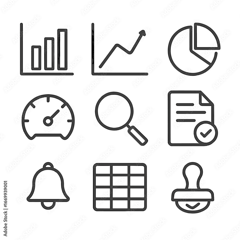 Poster progress monitoring icons. outline icon set of progress monitoring tools: bar chart, line graph, pie