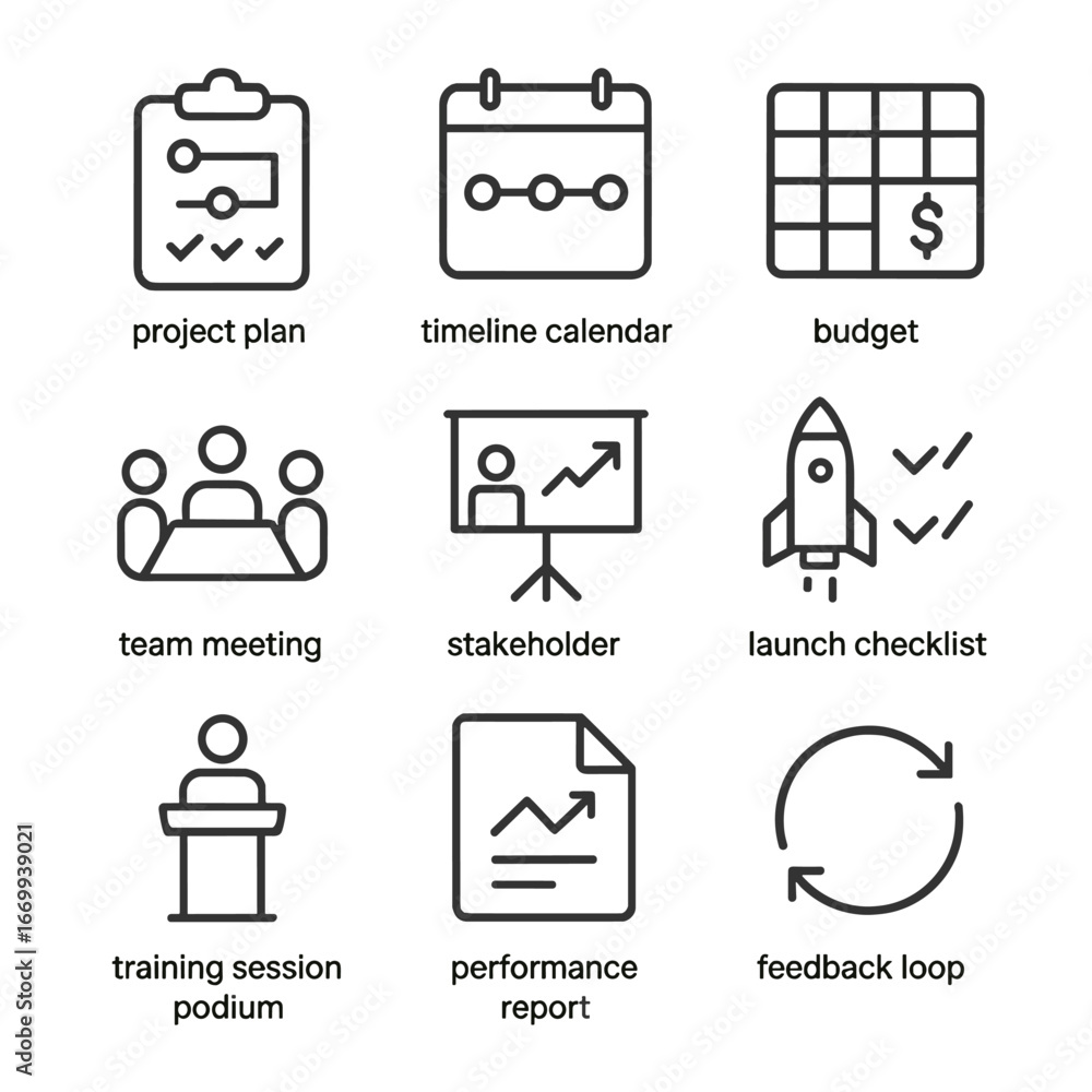 Poster project implementation icons. outline icon set of implementation steps: project plan clipboard, time