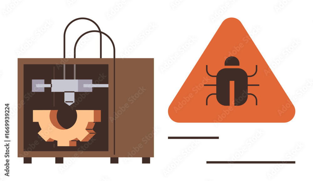 Aufkleber automated 3d printer crafting a gear next to a triangular warning sign with a bug icon. ideal for te