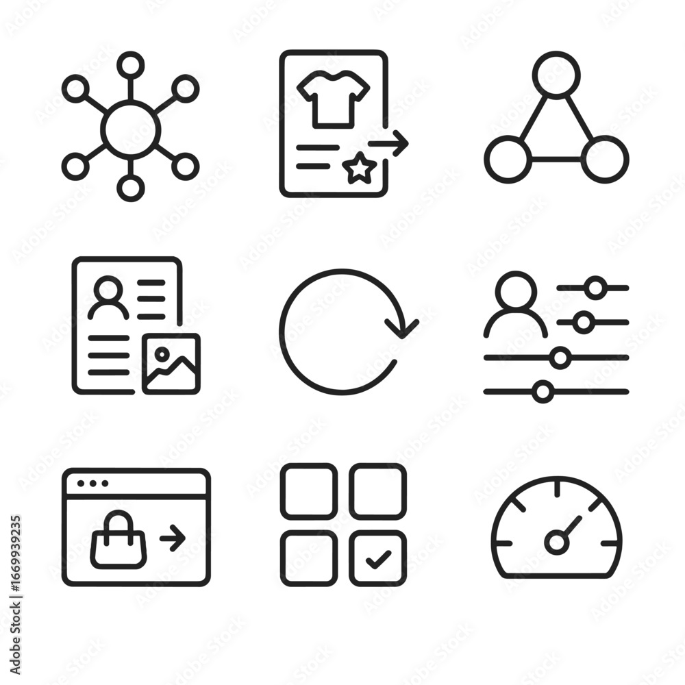 Poster recommendation icon set. outline icon set of personalized recommendation engines: algorithm neural n
