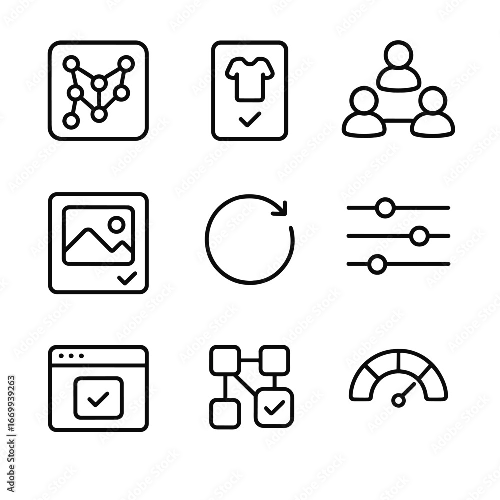 Poster recommendation icon set. outline icon set of personalized recommendation engines: algorithm neural n