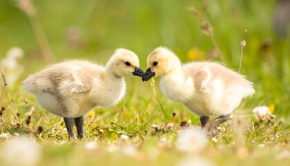 Obraz premium Two Adorable Baby Geese Feeding in a Lush Meadow