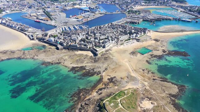 Aerial view of the Old Town of Saint Malo in Brittany France	 at low tide