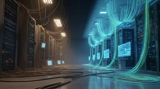 Server room glowing cables data center futuristic technology connection high quality professional - Powered by Adobe