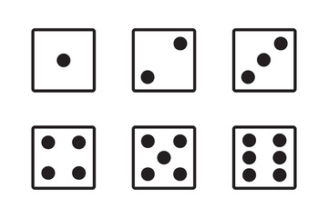 Game dice Icon with side of cube from one to six number. Set of black icon sided for gamble. Dot on cube of casino