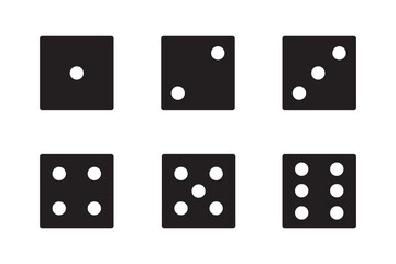 Game dice Icon with side of cube from one to six number. Set of black icon sided for gamble. Dot on cube of casino