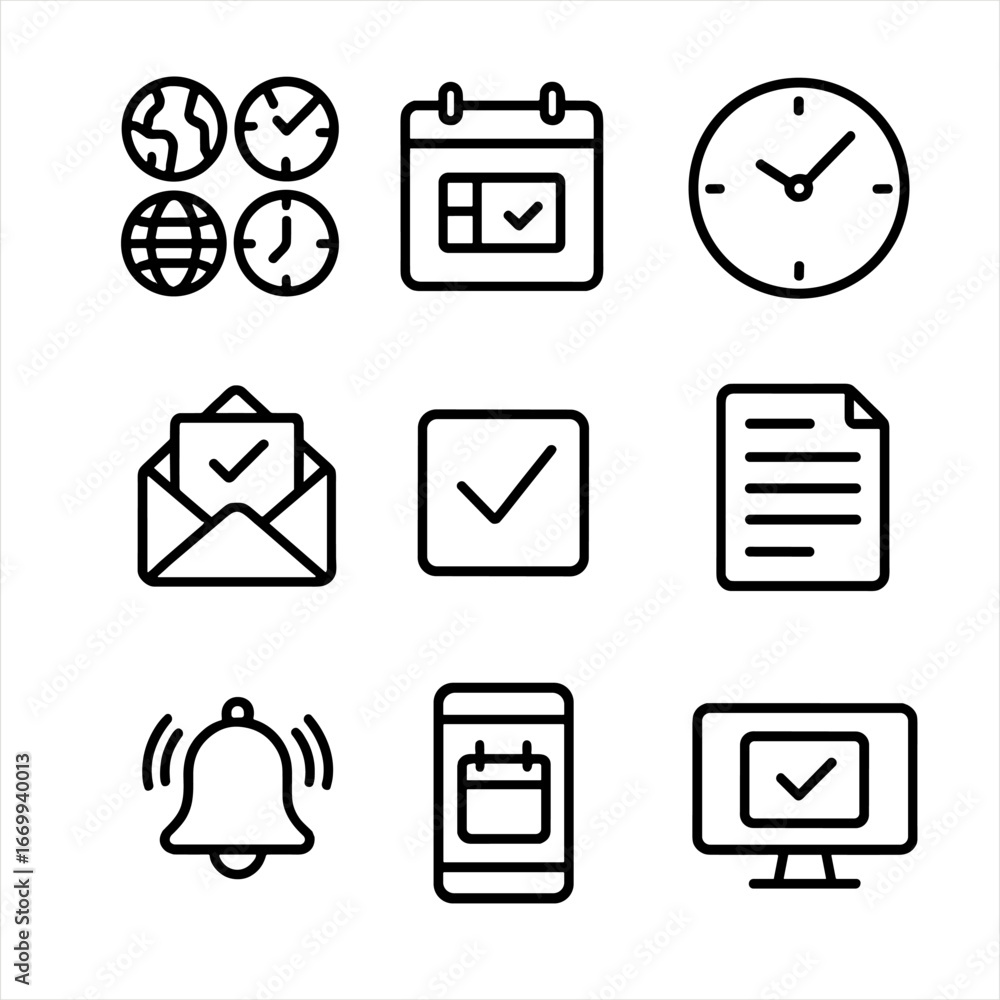 Aufkleber scheduling tools icons. outline icon set of scheduling and time management tools: world clock with m