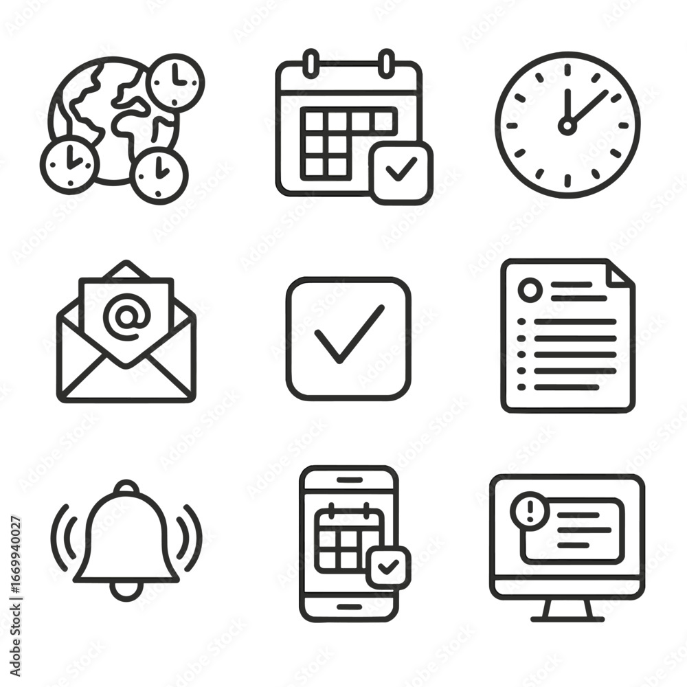 Aufkleber scheduling tools icons. outline icon set of scheduling and time management tools: world clock with m