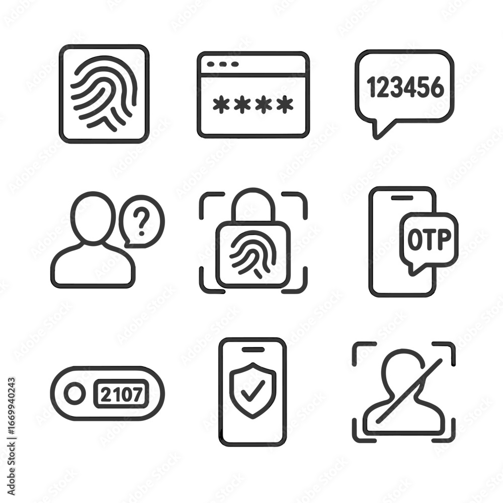 Poster secure authentication icons. outline icon set of secure authentication methods: fingerprint scanner,