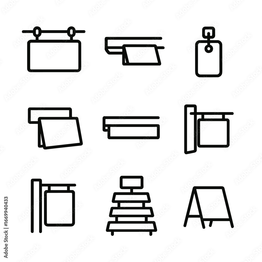 Poster shelf signage icons. outline icon set of shelf display signage: hanging shelf sign, shelf label hold