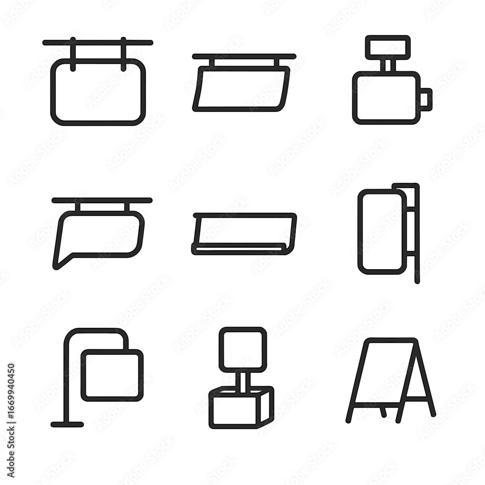 Poster shelf signage icons. outline icon set of shelf display signage: hanging shelf sign, shelf label hold