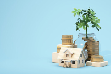A small wooden house model with stacked coins and a plant in a glass jar symbolizing savings and financial growth, 3d rendering.