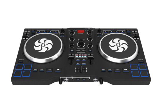 DJ Controller in a Studio Setup: A sleek, modern DJ controller sits center stage in a pristine studio environment, ready to unleash a symphony of sounds.