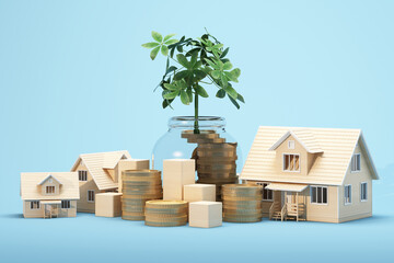 Wooden house models surrounded by stacked coins and a growing plant in a glass jar, representing property investment and wealth, 3d rendering.