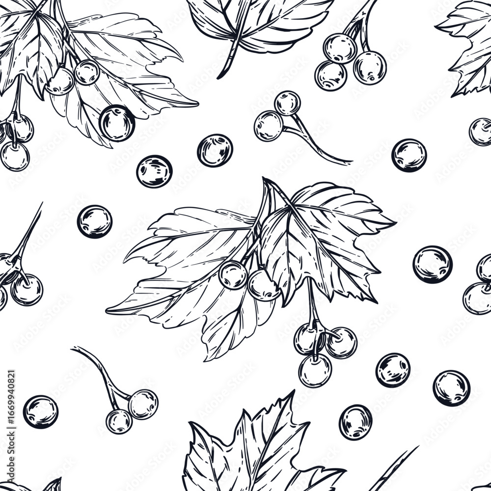 Aufkleber seamless vector pattern of viburnum berries, viburnum leaves. all objects are hand-drawn in ink and 