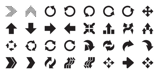 Black arrows big icons collection. Arrow symbol. Direction, cursor, pointer sign. Decorative arrows. Modern design elements for apps, interface, business and project. Flat design. Vector illustration.