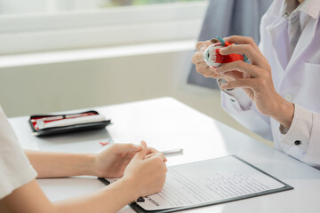 Fototapeta premium Close-up of doctor holding eye model to patient discussing something while sitting at table.